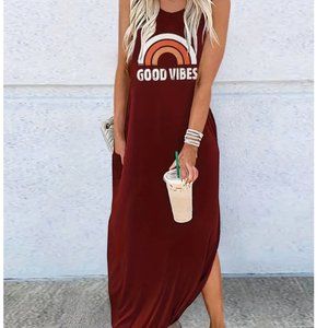 Good Vibes Letter Print Dress, Sleeveless Crew Neck Casual Dress Large New